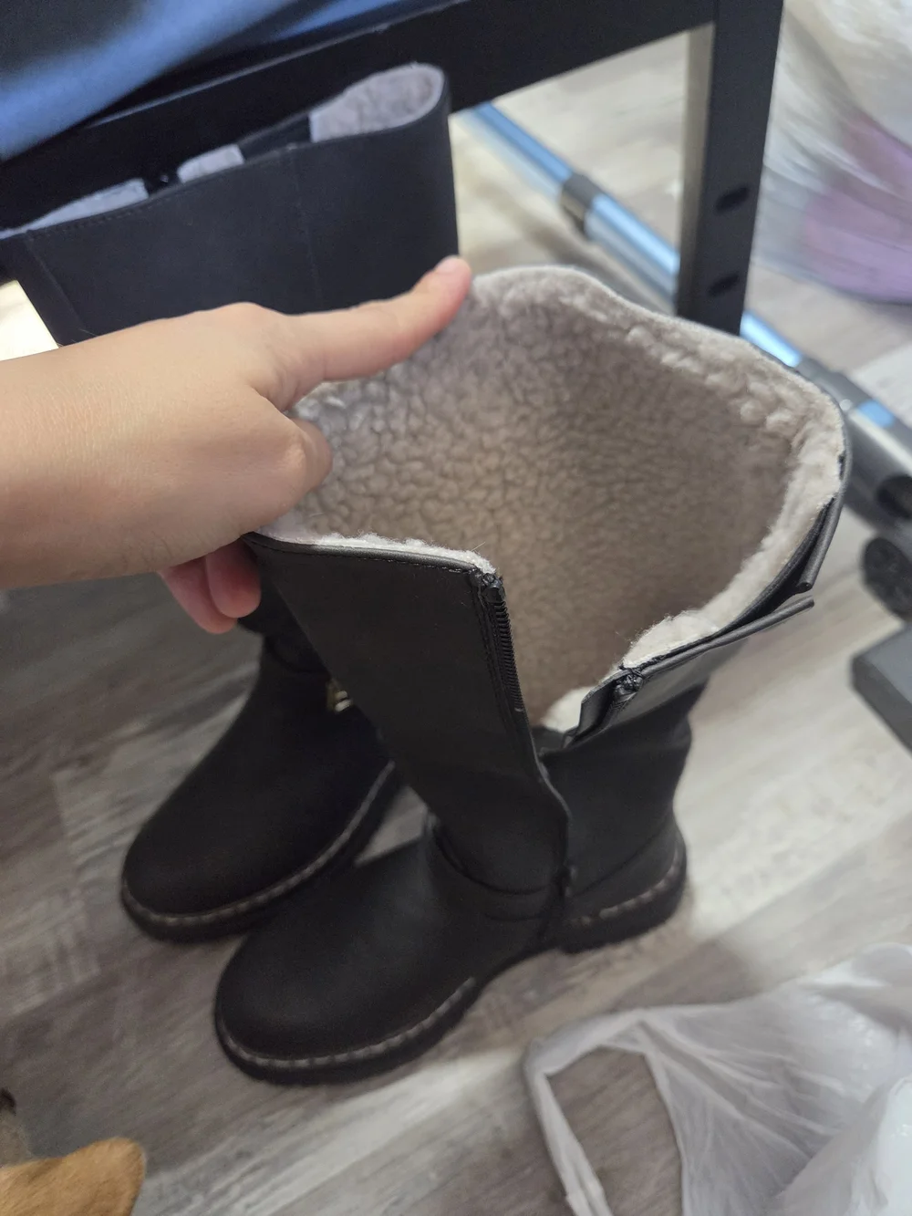 Black Faux-Shearling Tall Winter Boots with Buckle Detail